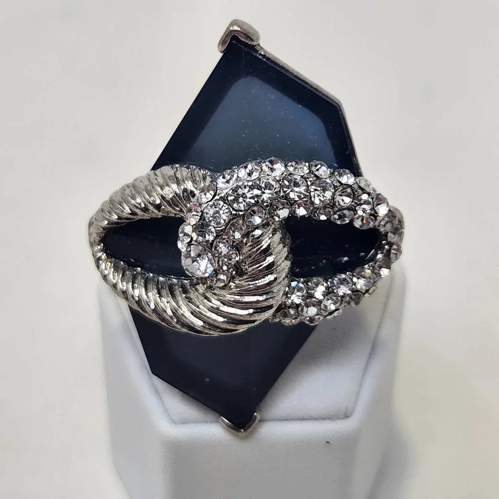 Crystal Pave Blue Faux Stone Cocktail Statement Stretch Ring Silver Tone Chunky